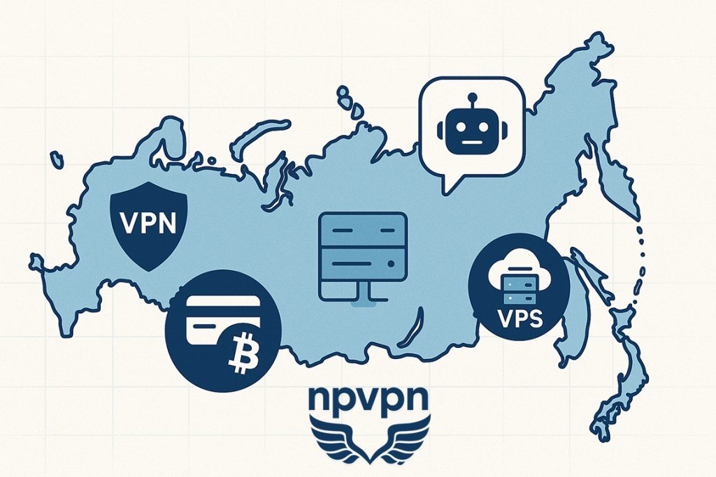 Схематичная карта России с иконками VPN-сервисов, ботов, платёжных систем и VPS-серверов в стиле инфографики