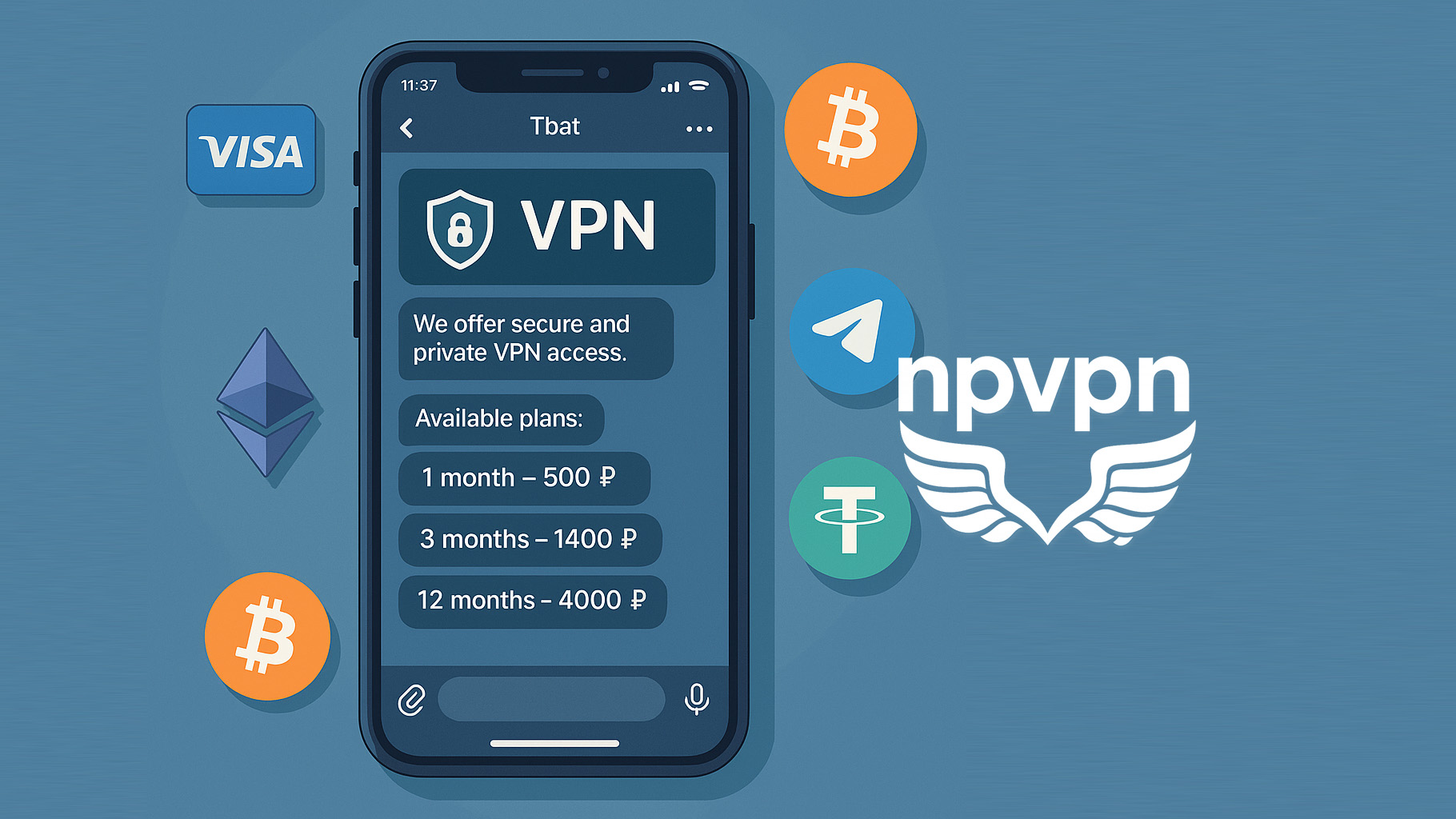 Telegram-бот для продажи VPN на экране смартфона, вокруг значки банковских карт и криптовалют
