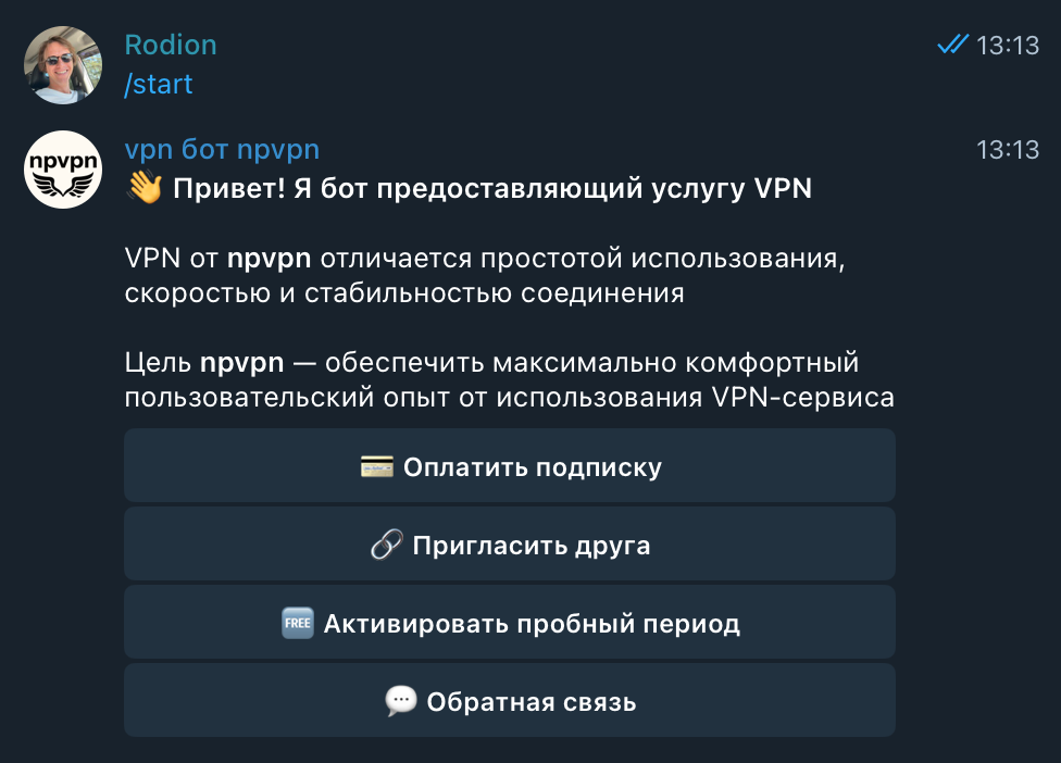 Стартовый экран Telegram VPN-бота npvpn